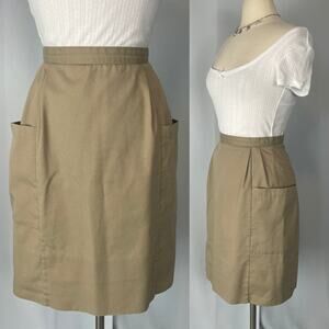 Vintage Pencil Skirt Size 10 Tan Khaki Knee Length Minimal Preppy Retro Academia